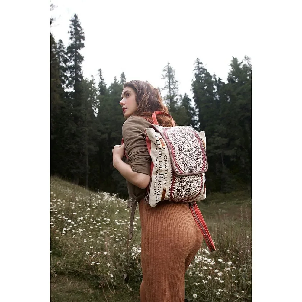 Myra Bag Handmade Fleur Backpack Upcycled Canvas & Cowhide Leather